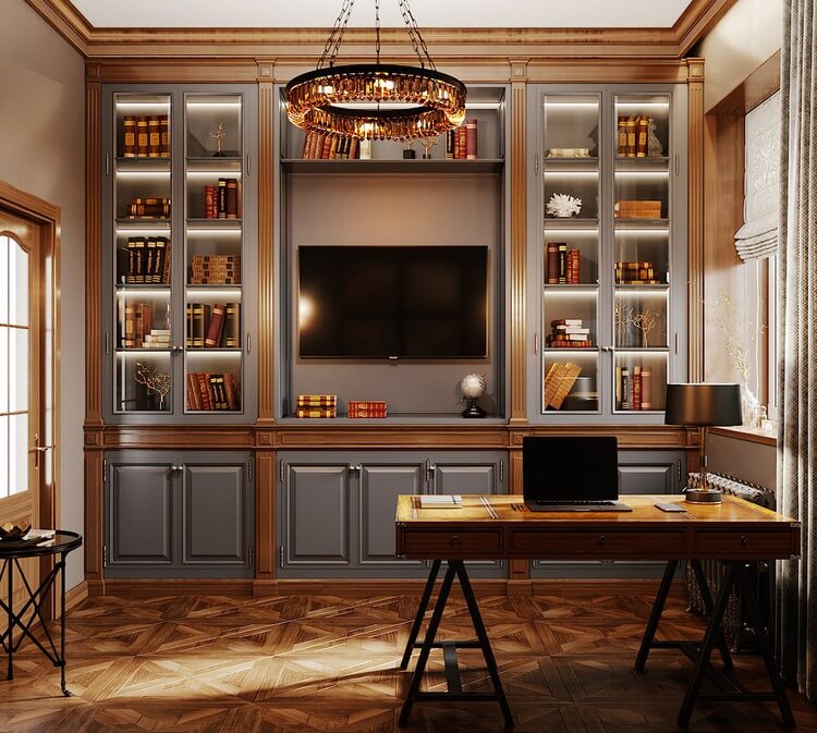 Thư viện gia đình sang trọng với kệ sách, bàn làm việc và TV màn hình phẳng.