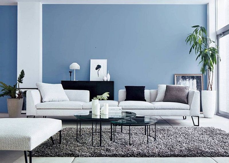 phong-khach-huong-nao-phu-hop-cho-tuoi-binh-ngo-1966 Phòng khách hiện đại với sofa trắng, bàn kính, tường xanh và cây xanh. Không gian tối giản và tinh tế.