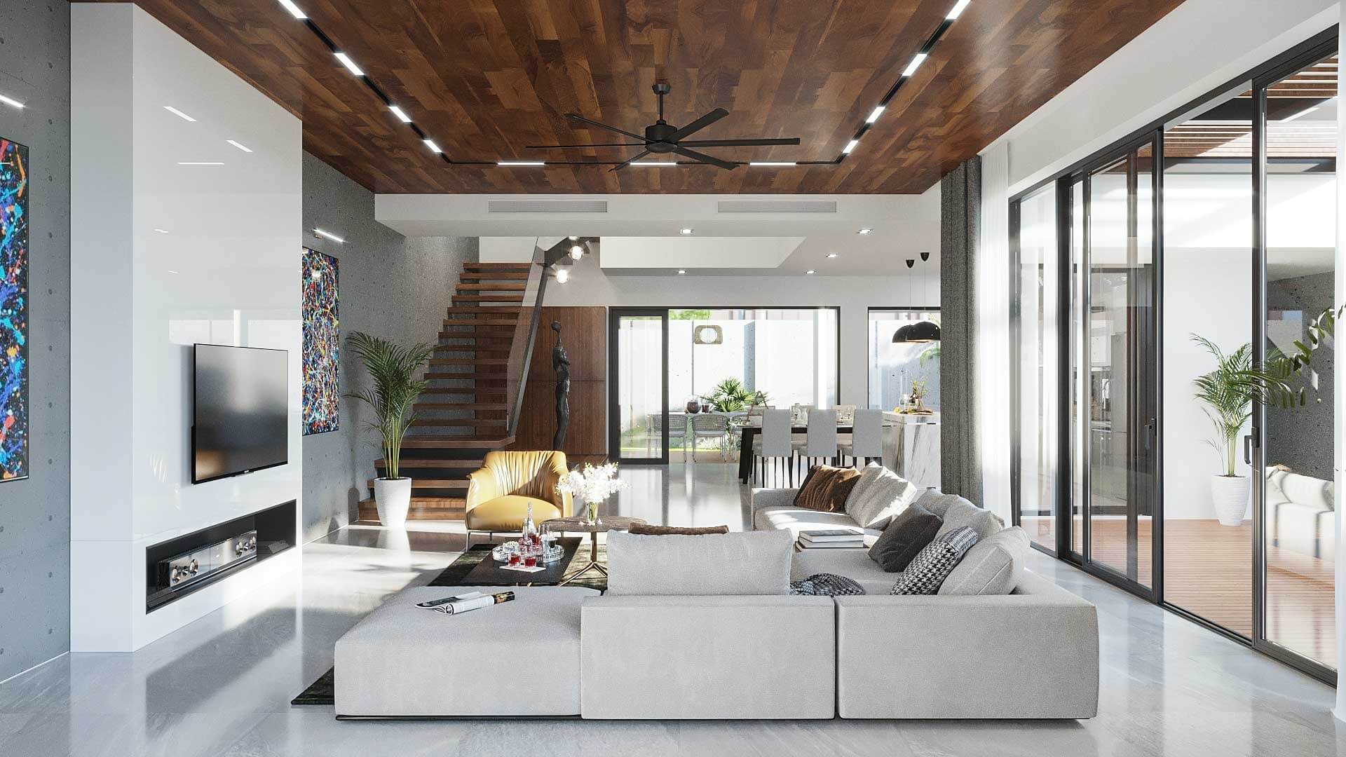 Phòng khách hiện đại với sofa, trần gỗ và cửa kính lớn. Nội thất sang trọng, ánh sáng tự nhiên.