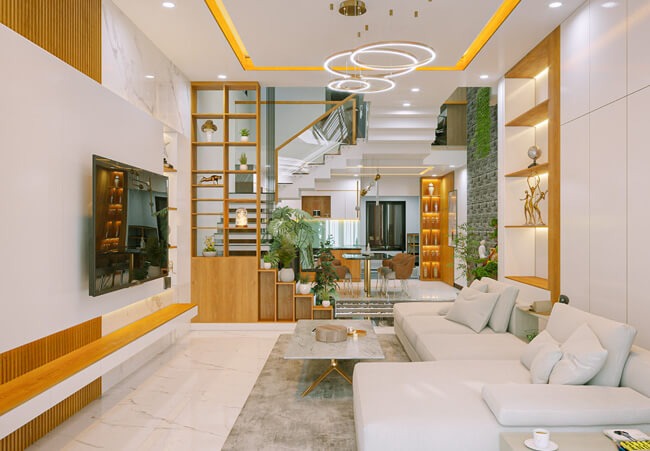 phòng khách nhà 6×20 3 tầng đẹp