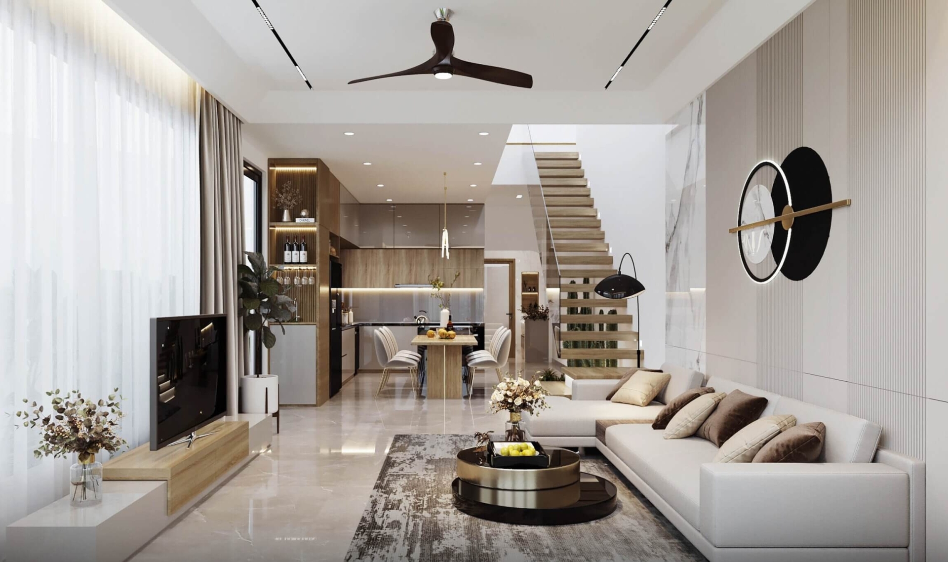 phòng khách nhà 6×20 hiện đại 2 mặt tiền