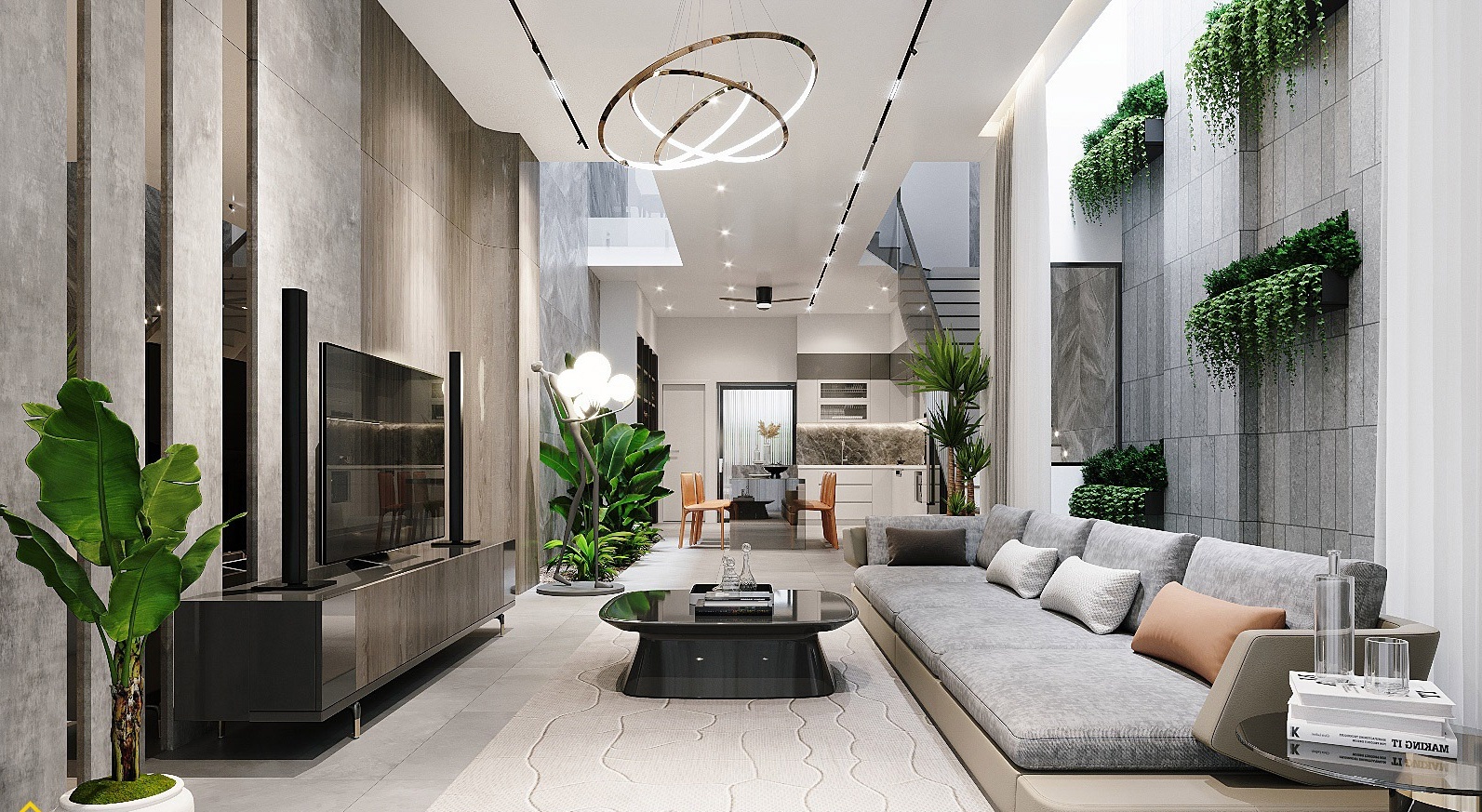 phòng khách nhà đẹp 5×24 có 4 phòng ngủ tiện nghi