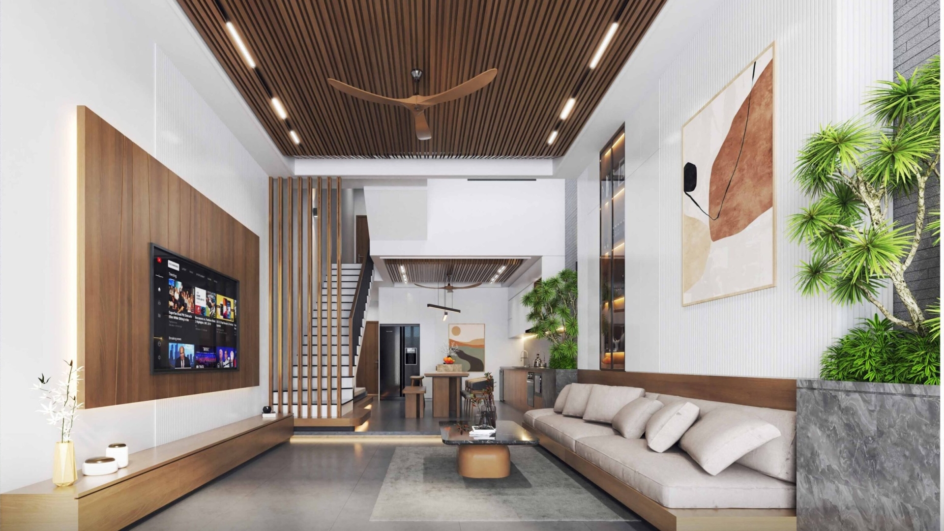 phòng khách nhà đẹp 5x24m 3 tầng