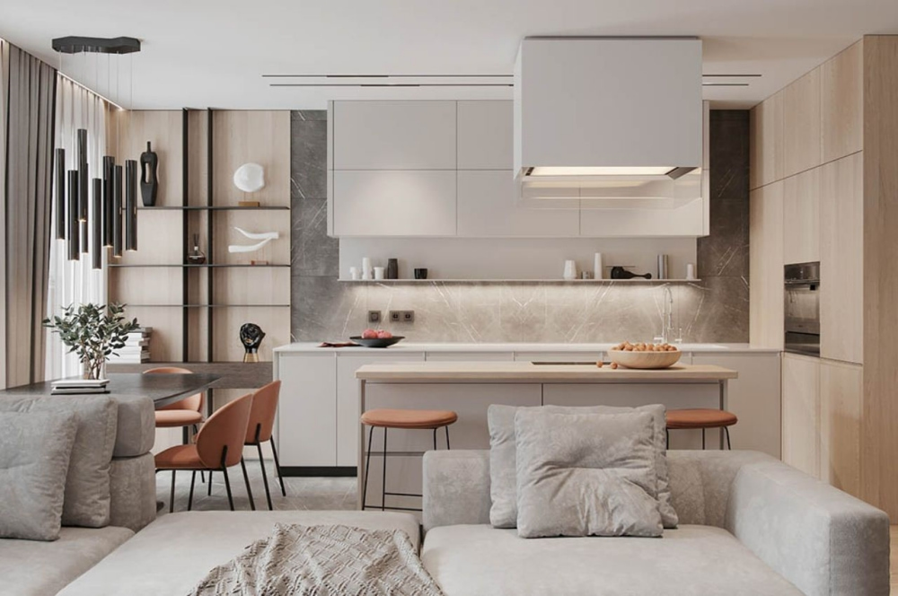 phong-khach-nha-ong-dep-4m-2 Phòng bếp hiện đại với sofa xám, bàn ăn gỗ và kệ trưng bày. Ánh sáng tự nhiên từ cửa sổ tạo không gian thoáng đãng.