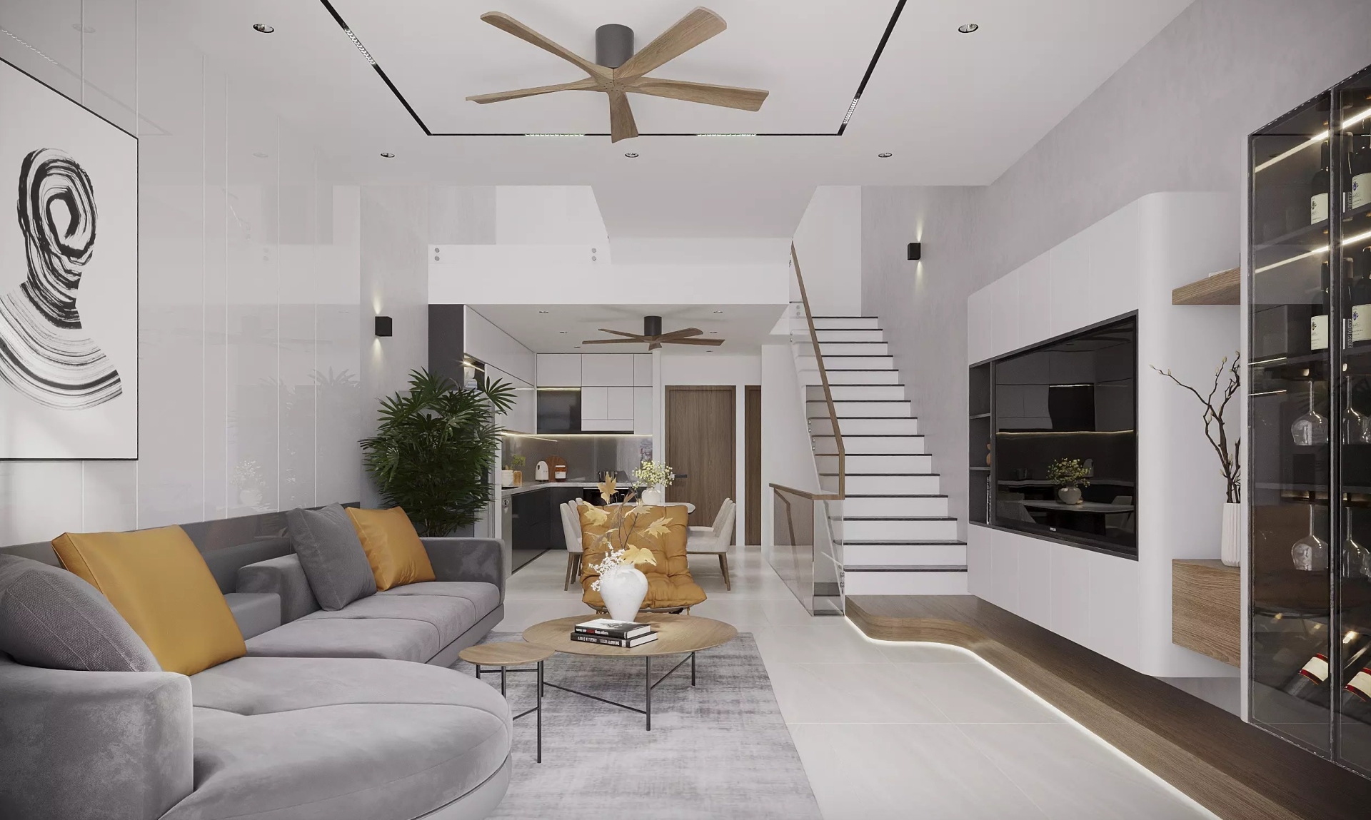 phòng khách nhà phố 3 tầng 1 tum 5x24m hiện đại