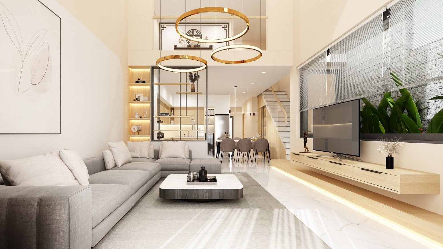 phòng khách nhà phố 6×20 đẹp