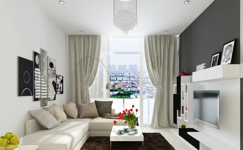 Phòng khách hiện đại với sofa trắng, tranh treo tường, đèn chùm, và cửa sổ lớn nhìn ra thành phố.