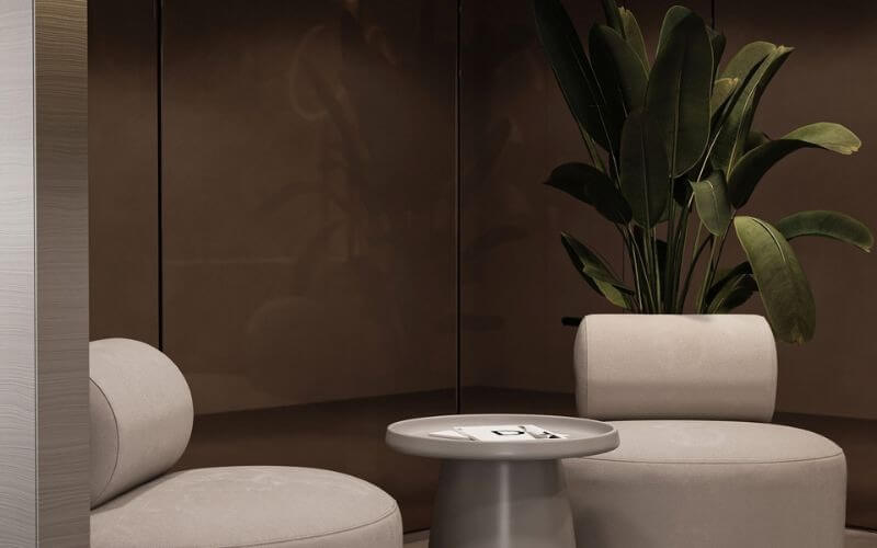 Hai ghế bành sang trọng màu xám nhạt bên cạnh bàn tròn nhỏ, kèm cây xanh lớn trang trí trong không gian hiện đại.