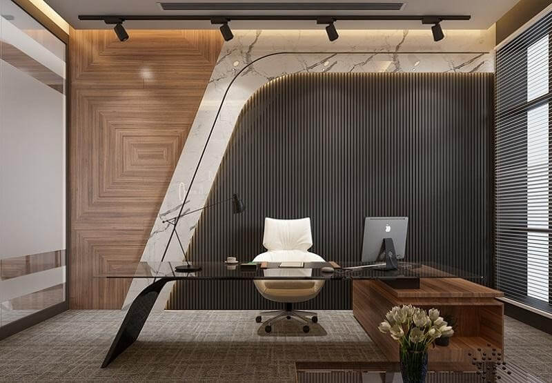 Phòng làm việc giám đốc tối giản sử dụng chất liệu gỗ