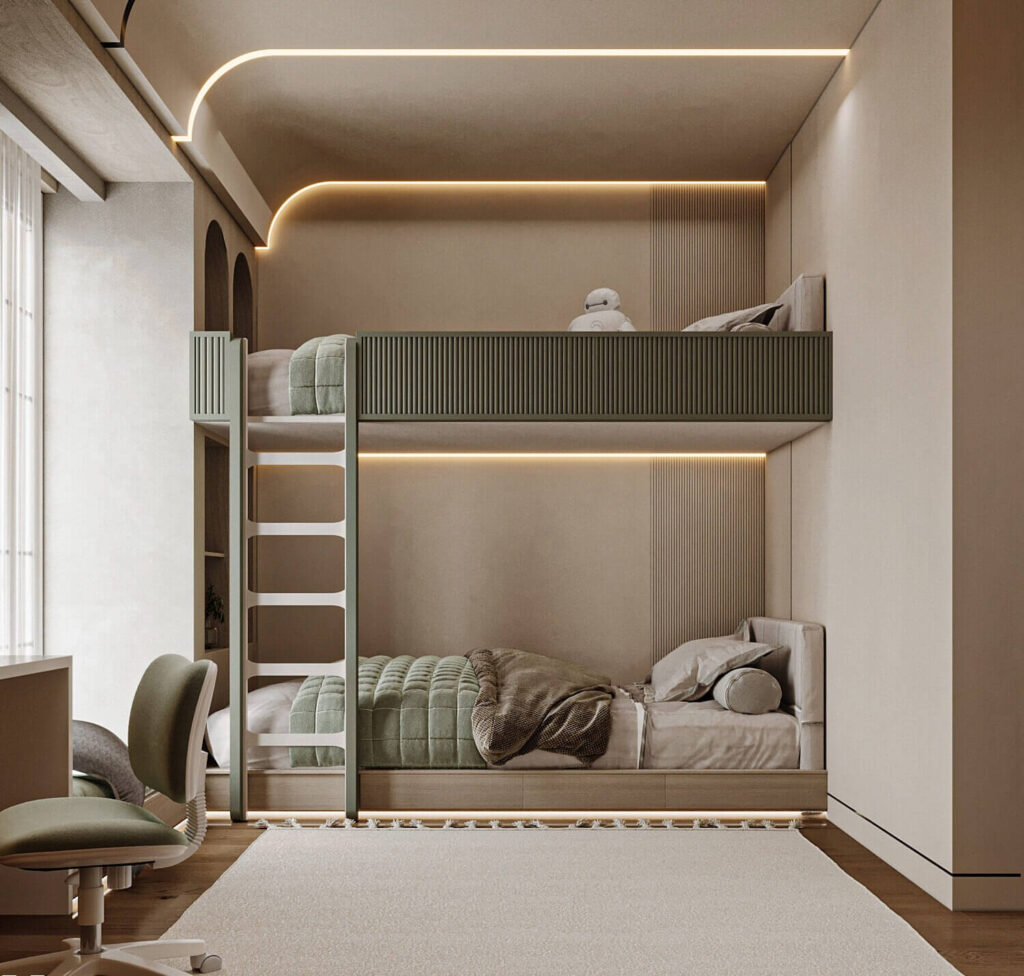 Giường tầng hiện đại trong phòng ngủ thanh lịch với ánh sáng dịu và thiết kế nội thất tối giản.