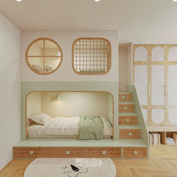Giường tầng trẻ em với thiết kế hiện đại, cầu thang gỗ và ánh sáng tự nhiên.