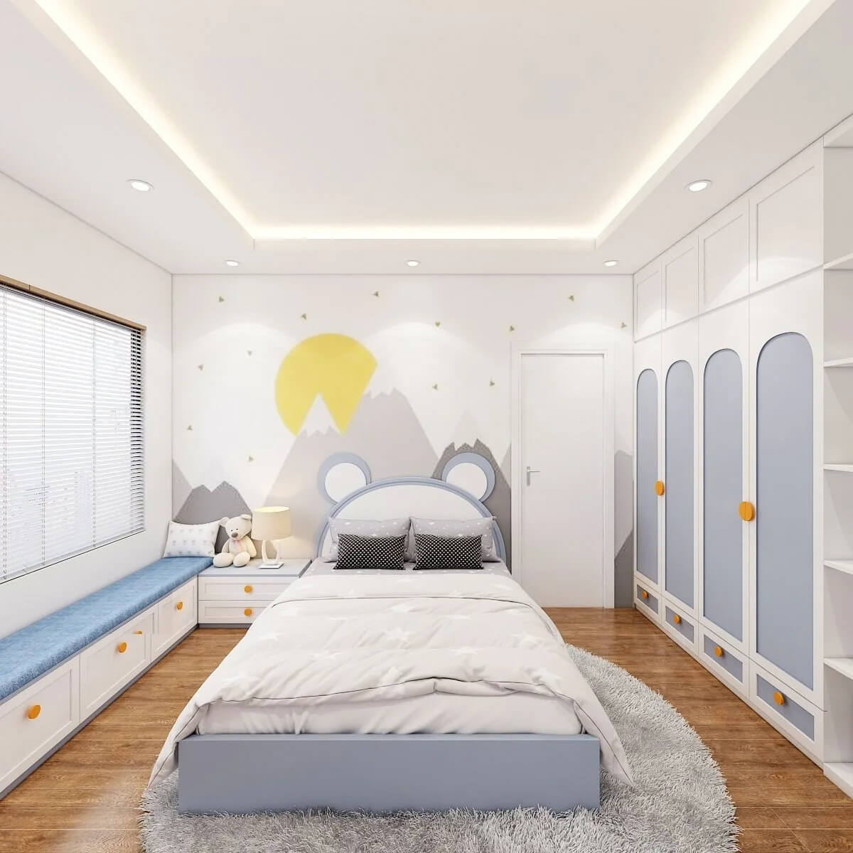 Phòng ngủ trẻ em sáng tạo với họa tiết núi, giường đôi, tủ đồ và cửa sổ lớn, tạo không gian ấm áp và vui tươi.