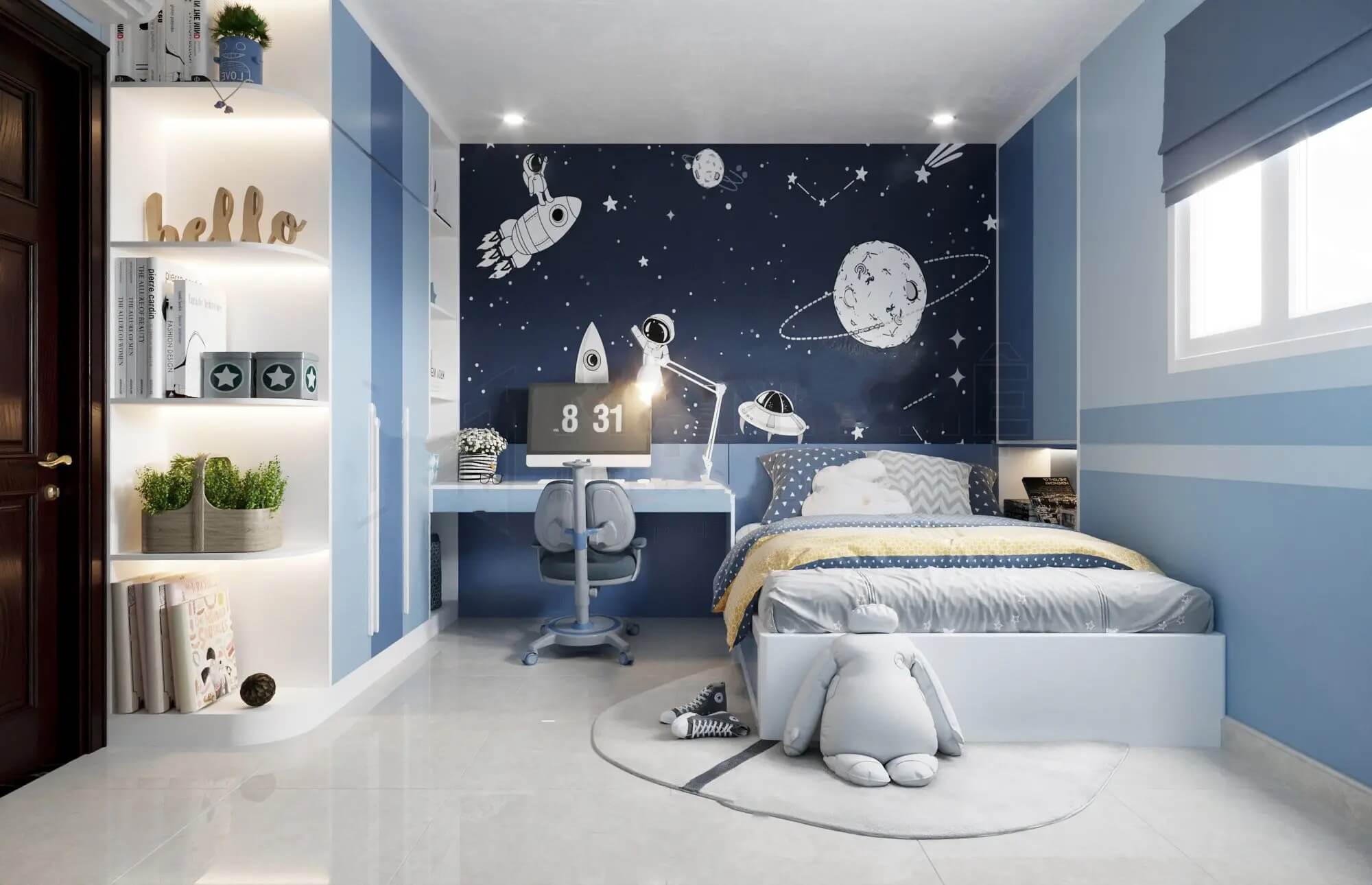 phong-ngu-15m2-danh-cho-be-trai-3 Phòng ngủ trẻ em chủ đề vũ trụ với giường, bàn học và bảng điều khiển trang trí hình hành tinh, phi hành gia.