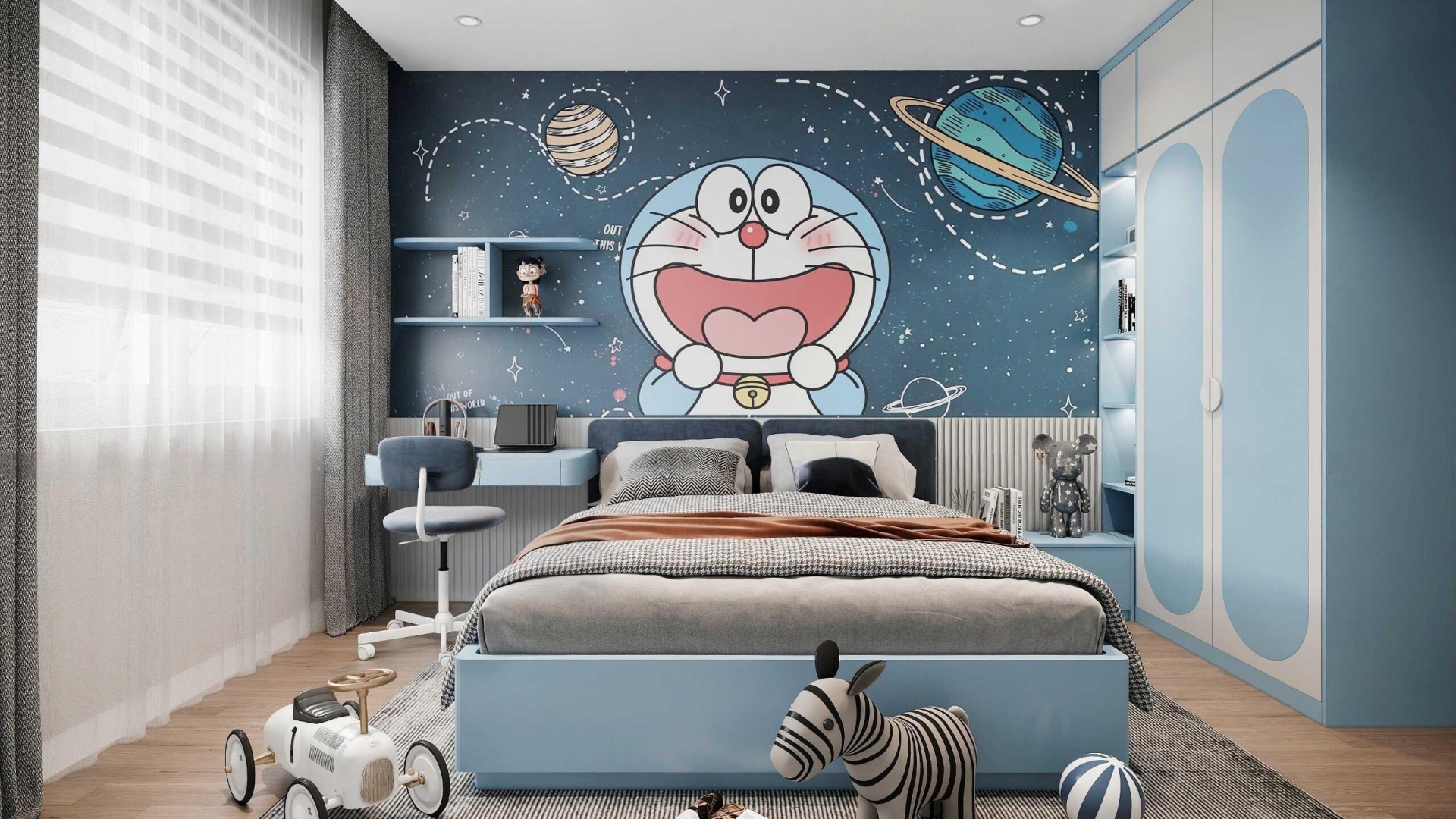 Phòng ngủ Doreamon với tông màu xám độc đáo