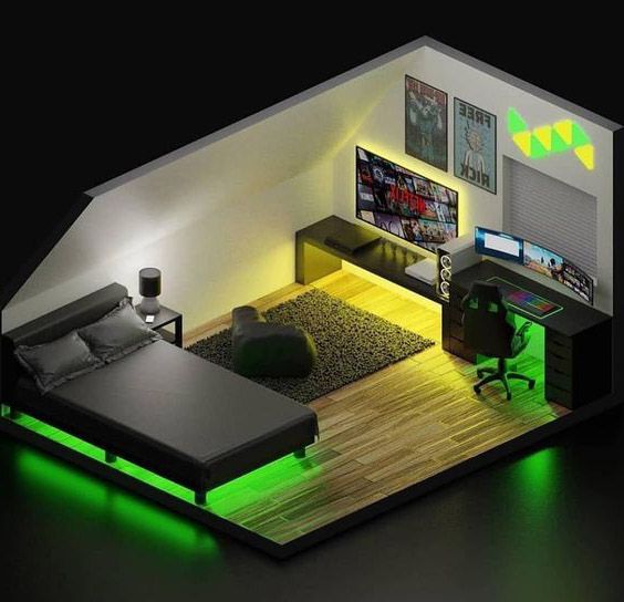 Phòng ngủ phong cách với đèn LED xanh, bàn làm việc và tranh treo tường trang trí.