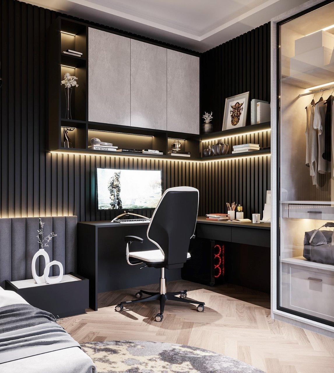 Khu vực làm việc đầy đủ tiện nghi với bàn máy tính, ghế xoay màu đen, và tủ kệ sáng đèn, mang lại không gian sáng tạo và dễ chịu.