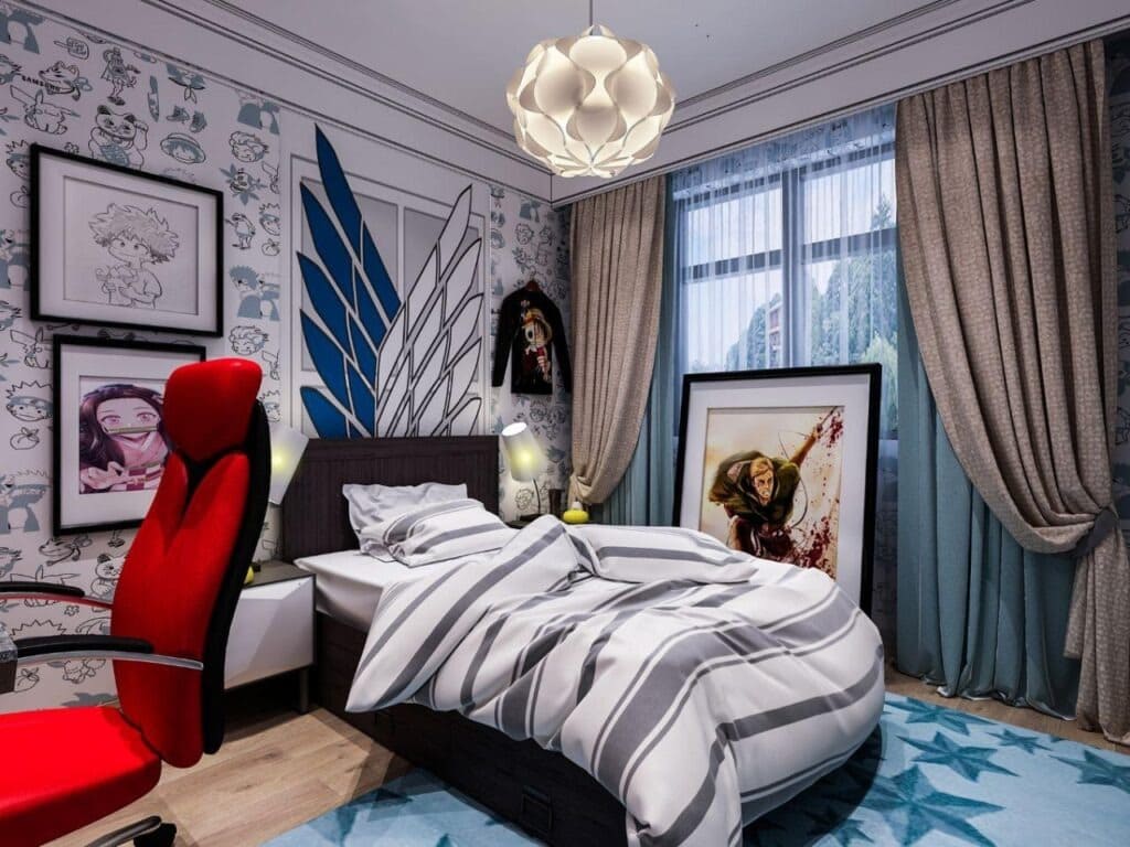 phong-ngu-hoat-hinh-12 Phòng ngủ sáng tạo với ghế đỏ, giường trắng xám, tranh treo tường anime và đèn trần độc đáo.