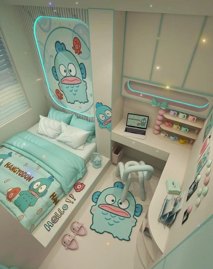 phong-ngu-hoat-hinh-19-1 Phòng ngủ trẻ em với chủ đề hoạt hình dễ thương, tông màu xanh và trắng, gối và chăn in hình cá ngộ nghĩnh.