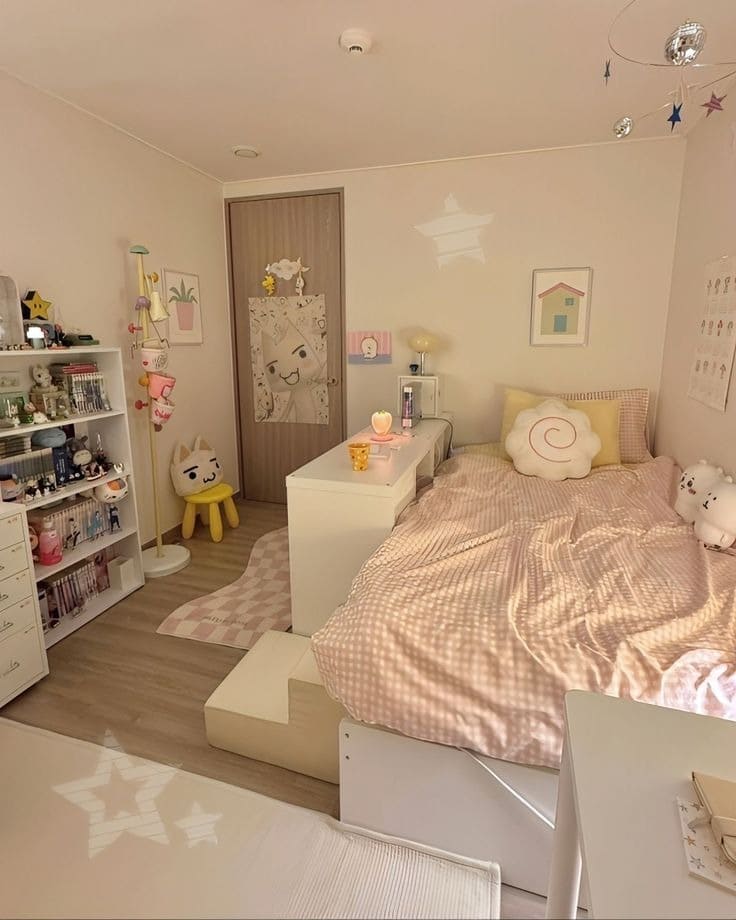 Phòng ngủ dễ thương trang trí tông màu hồng với đồ nội thất đáng yêu và thú nhồi bông.