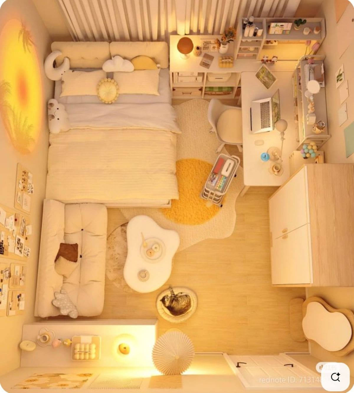 Phòng ngủ ấm cúng với giường lớn, bàn làm việc, ghế sofa và ánh sáng dịu nhẹ màu vàng cam.