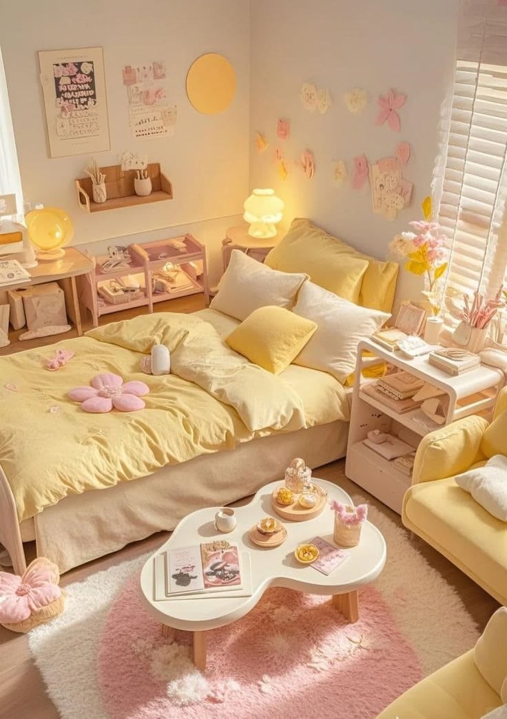 phong-ngu-hoat-hinh-25 Phòng ngủ phong cách dễ thương với nội thất màu vàng-pastel, giường êm ái và bàn trà nhỏ xinh.