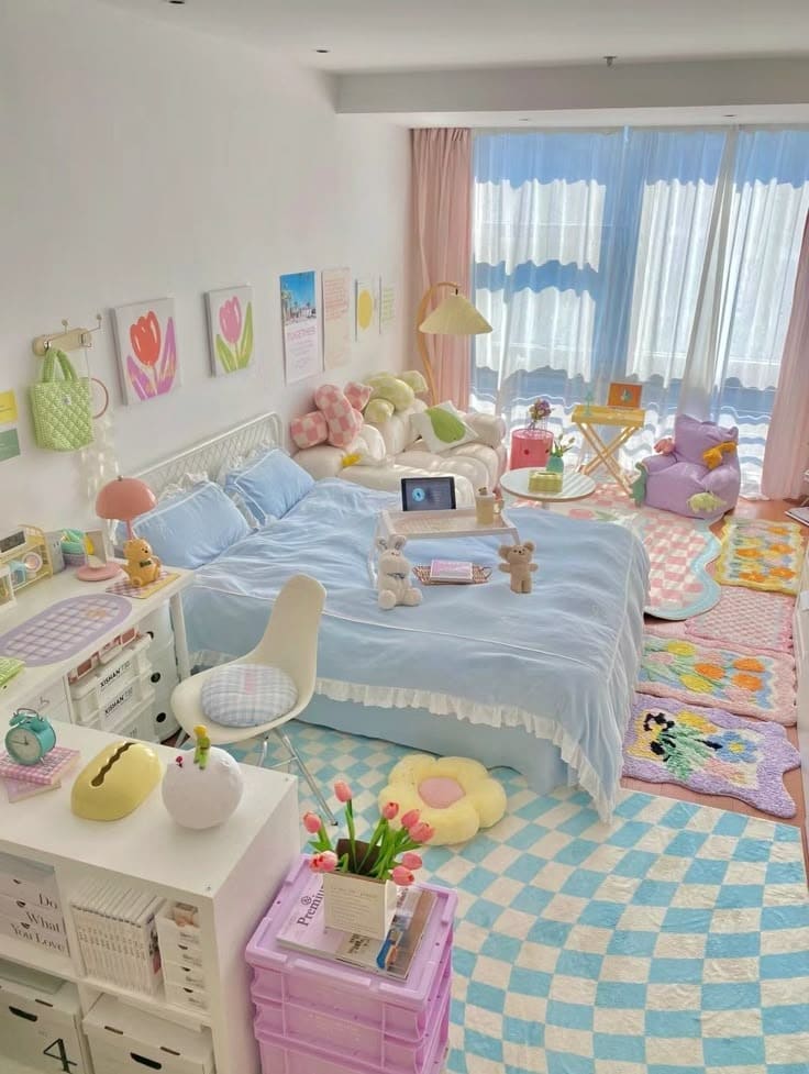 phong-ngu-hoat-hinh-28jpg Phòng ngủ sáng tạo với ga giường xanh, đồ nội thất pastel, và trang trí dễ thương, ánh sáng tự nhiên qua rèm.