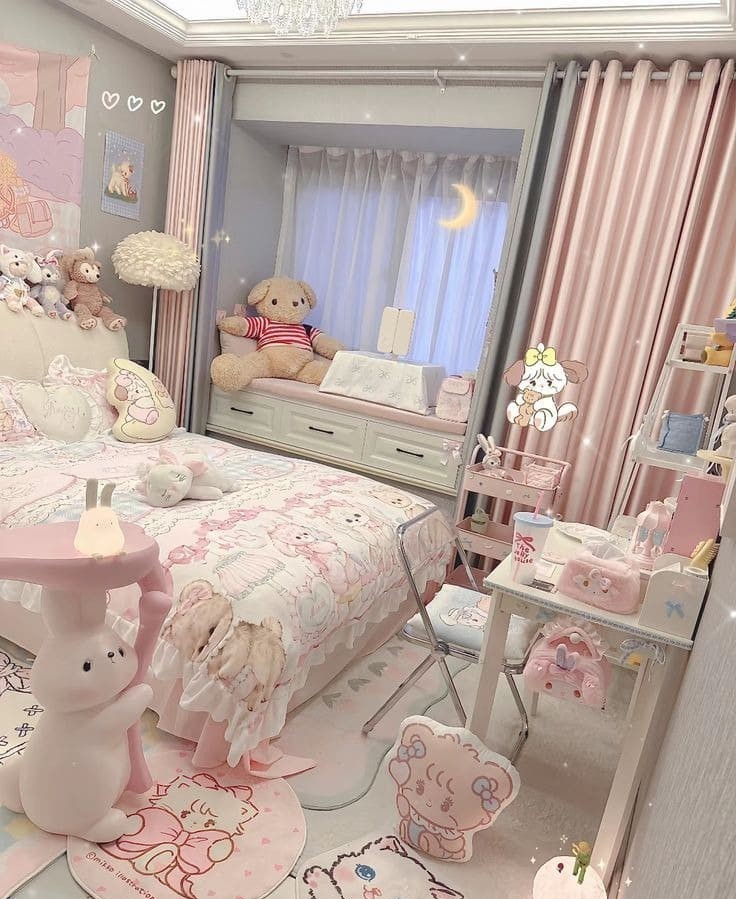 Phòng ngủ dễ thương với gấu bông và họa tiết màu hồng, trang trí phong cách dễ thương và ấm áp.