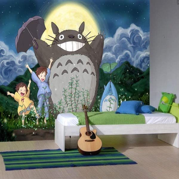 Phòng ngủ trẻ em với tranh tường Totoro và hai em bé, tạo không gian vui tươi, thân thiện và sáng tạo.