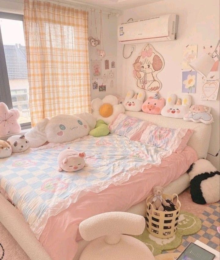 Phòng ngủ dễ thương với gối ôm hình thú và chăn màu pastel, trang trí ấm cúng và sáng tạo.