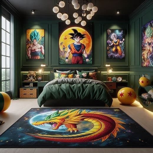 Phòng ngủ sáng tạo với thảm hình rồng và tranh tường nhân vật hoạt hình.