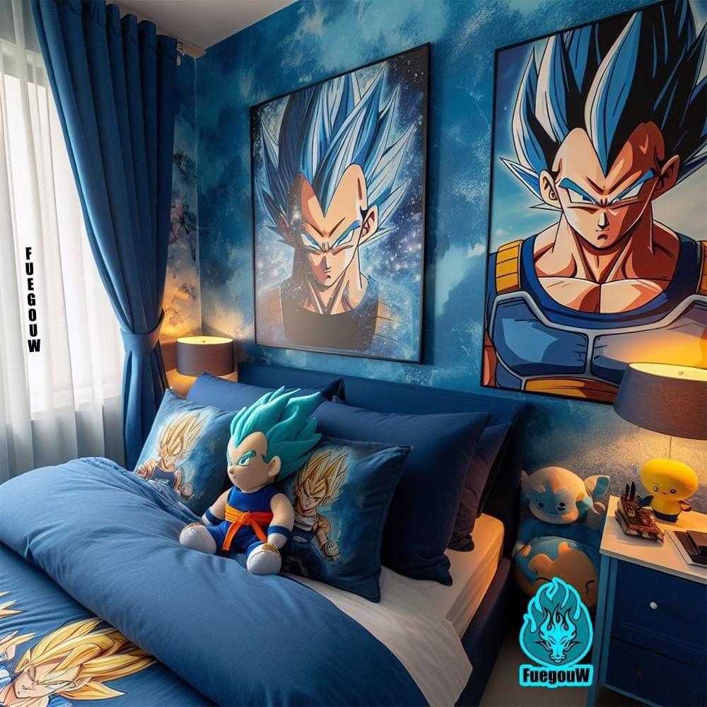 Phòng ngủ với trang trí anime, tranh và gối Vegeta, tông màu xanh đậm nổi bật.