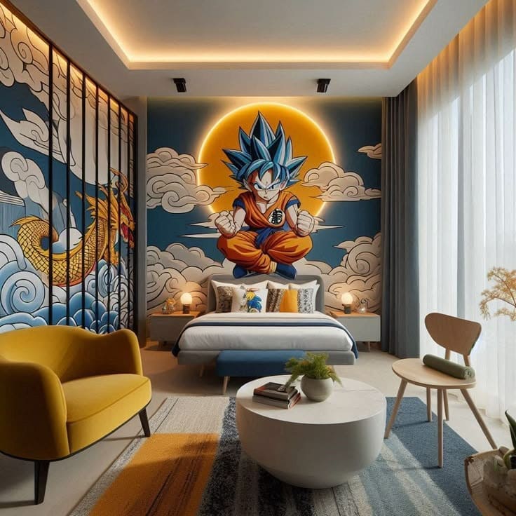 Phòng ngủ hiện đại với tranh tường anime in hình nhân vật chiến đấu năng động và ánh sáng nền phong cách.