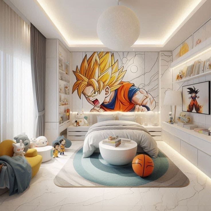 phong-ngu-hoat-hinh-40 Phòng ngủ trẻ em với tranh tường nhân vật anime, giường tròn và đồ chơi sắp xếp gọn gàng.