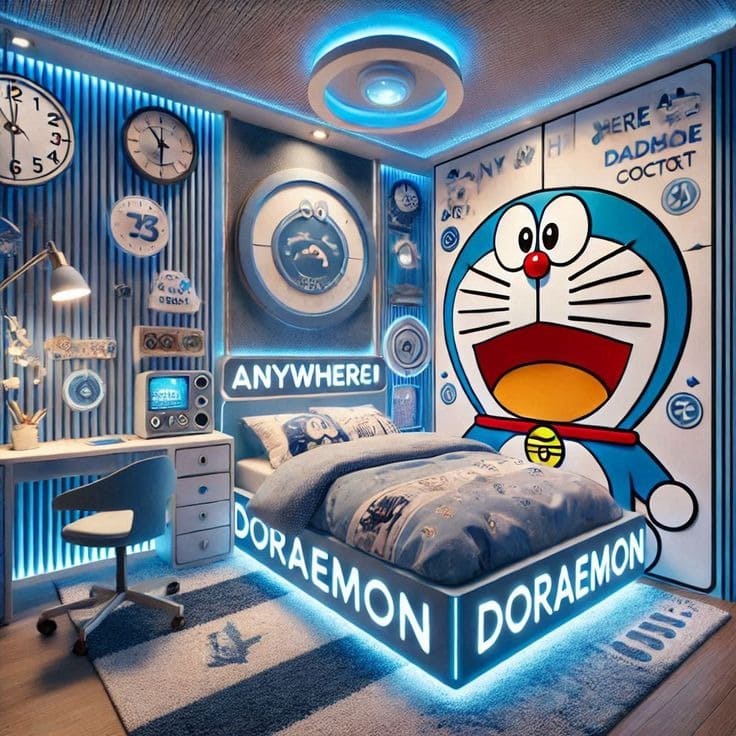 Phòng ngủ Doraemon với ánh sáng xanh, tranh tường lớn và giường in chữ Doraemon nổi bật.