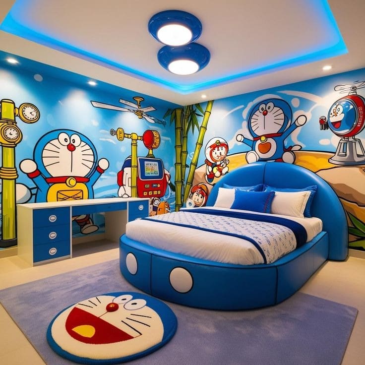 Phòng ngủ trẻ em trang trí theo chủ đề nhân vật hoạt hình dễ thương với tông màu xanh và đồ nội thất hiện đại.