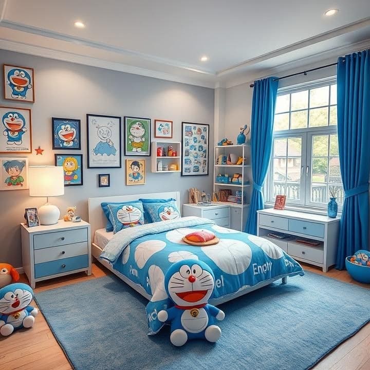 Phòng ngủ trang trí với chủ đề Doraemon, giường và tranh ảnh nhân vật hoạt hình nổi tiếng.