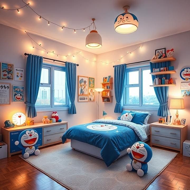 Phòng ngủ chủ đề Doraemon với đèn và chăn ga gối nhấn mạnh thiết kế hoạt hình vui nhộn.