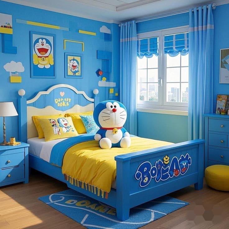 Phòng ngủ trẻ em với giường và đồ trang trí chủ đề Doraemon màu xanh dương và vàng.