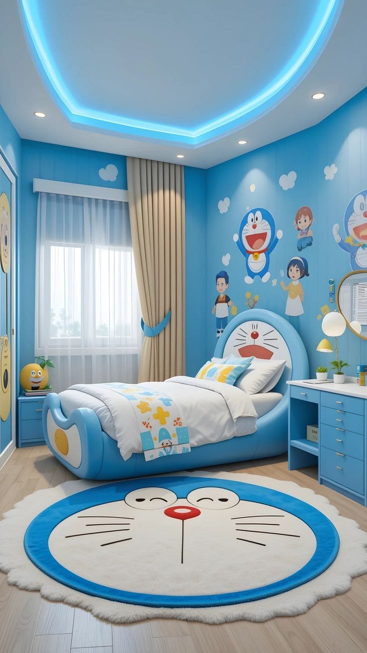 phong-ngu-hoat-hinh-47 Phòng ngủ trẻ em trang trí chủ đề màu xanh, hình mèo máy và các nhân vật hoạt hình vui nhộn.