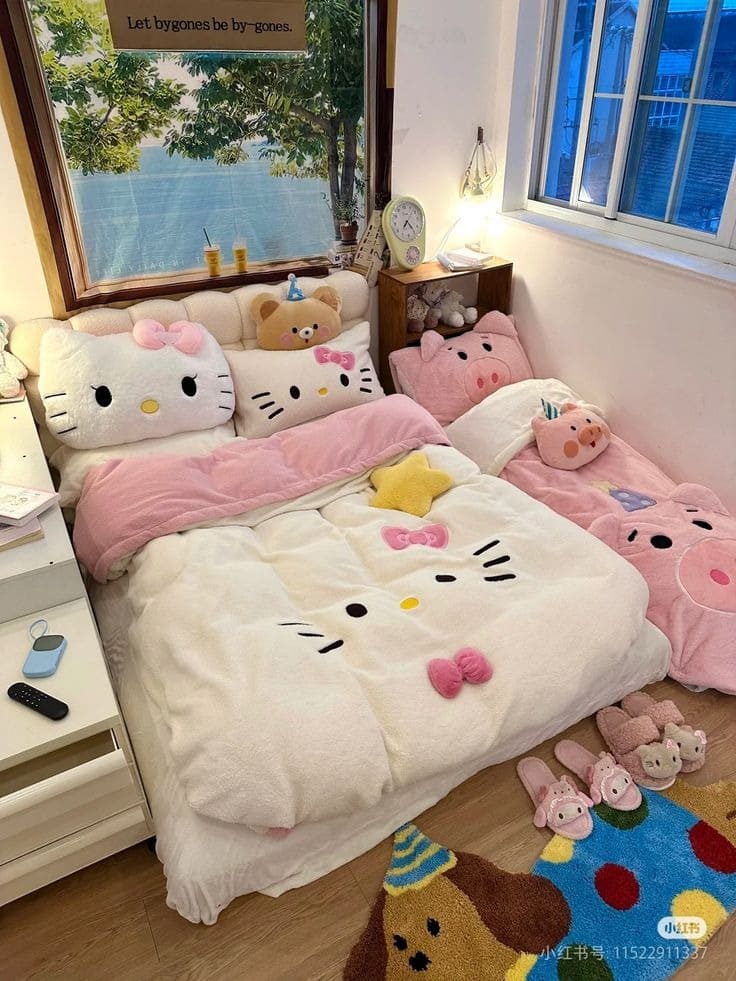 Phòng ngủ dễ thương với chăn gối họa tiết mèo và lợn hồng, mang phong cách hoạt hình sinh động.
