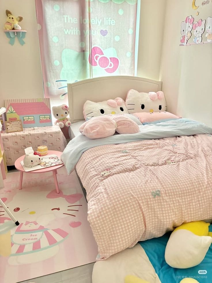 Phòng ngủ dễ thương với chăn gối chủ đề mèo Hello Kitty, nội thất màu hồng trắng, trang trí cho bé gái.