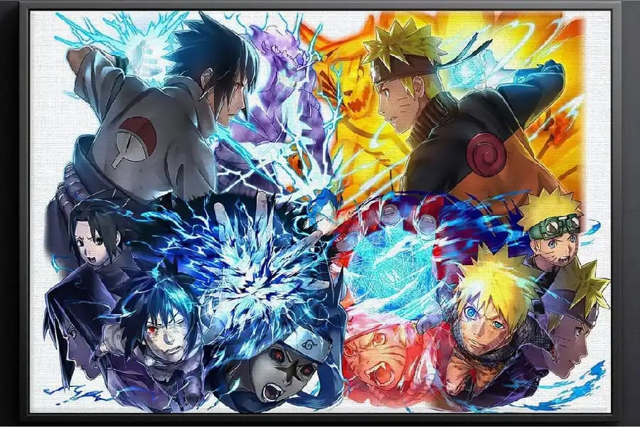 Nhân vật anime đối mặt nhau với hiệu ứng ánh sáng xanh và cam.