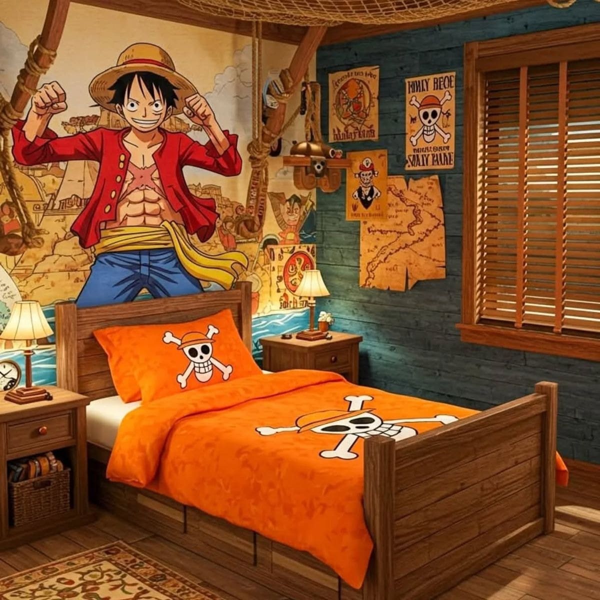 Phòng ngủ trang trí theo chủ đề hải tặc với hình nhân vật hoạt hình và chăn ga màu cam có biểu tượng cướp biển.