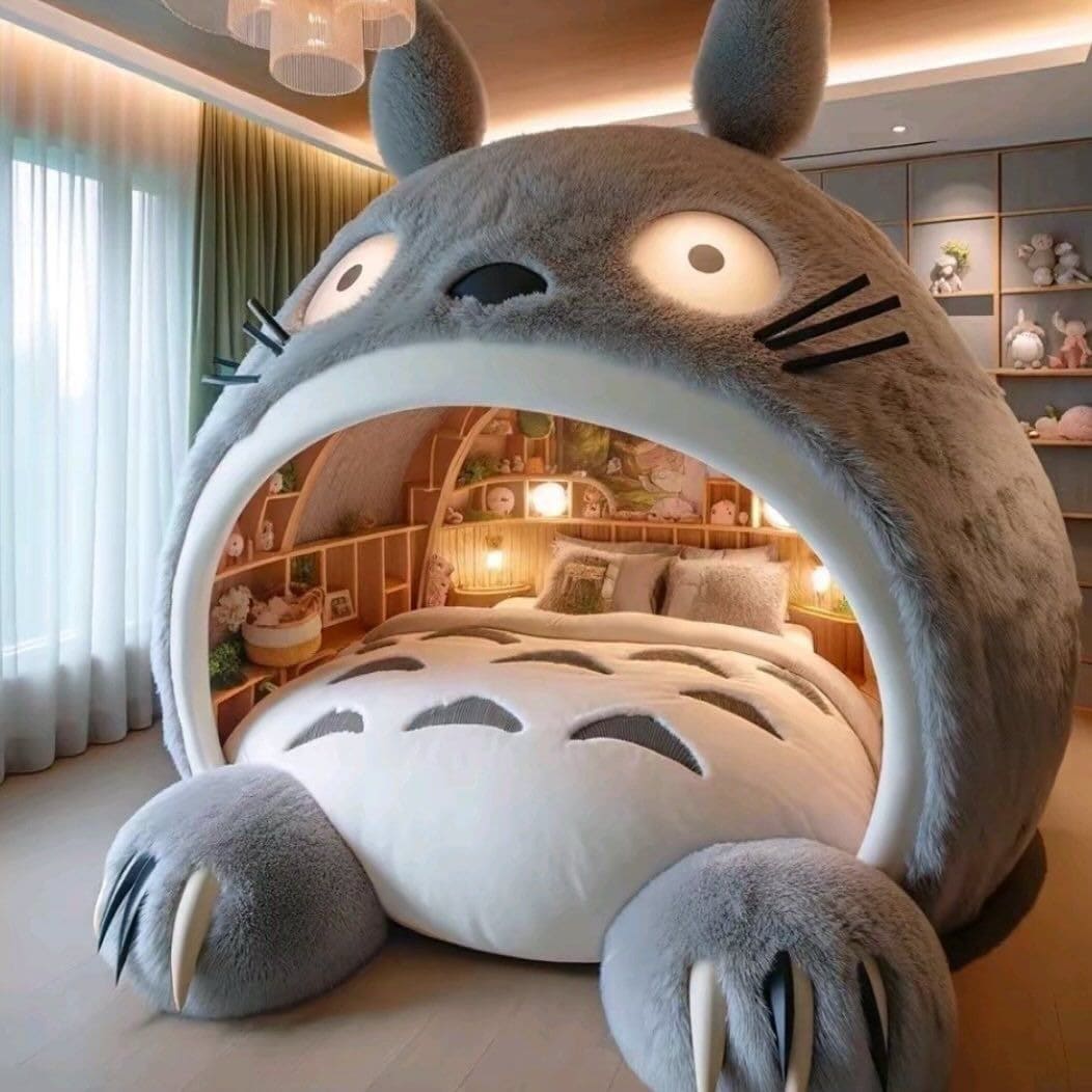 Giường ngủ phong cách Totoro dễ thương trong phòng trẻ em với thiết kế ấm áp và sáng tạo.