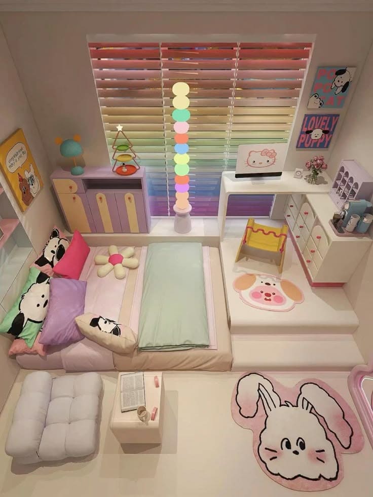 Phòng ngủ trẻ em dễ thương với ga giường màu pastel, gối hình thú và trang trí vui nhộn, tạo không gian ấm cúng.