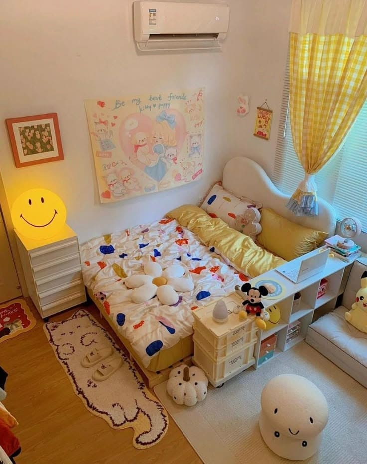 phong-ngu-hoat-hinh-73 Phòng ngủ trẻ em ấm cúng với giường bông hoa, gấu bông, đèn cười, và rèm vàng kẻ ô.