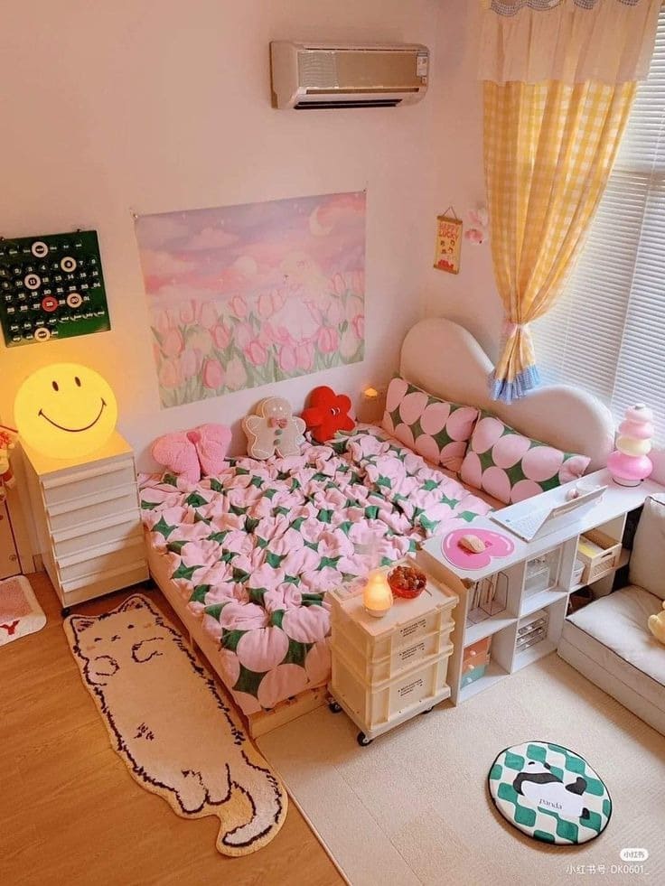 Phòng ngủ dễ thương với giường hoa anh đào, đồ trang trí vui nhộn và thảm hình mèo.