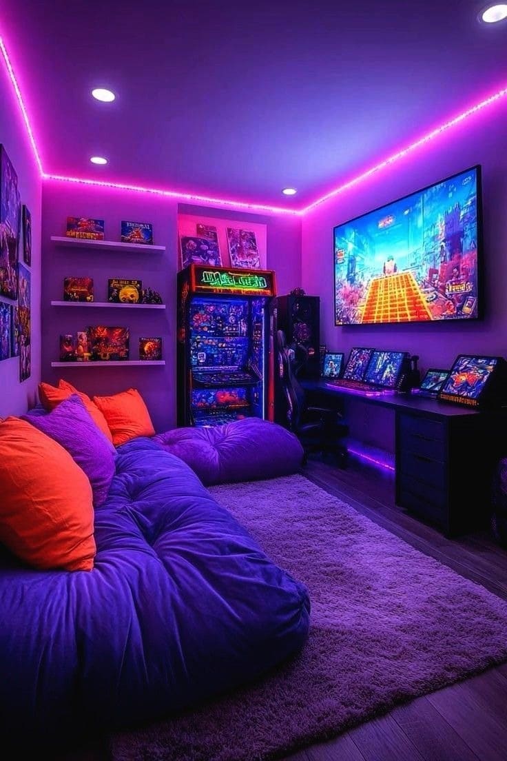 Phòng game hiện đại với ánh sáng LED tím, màn hình lớn và ghế thoải mái, tạo không gian thư giãn tuyệt vời.