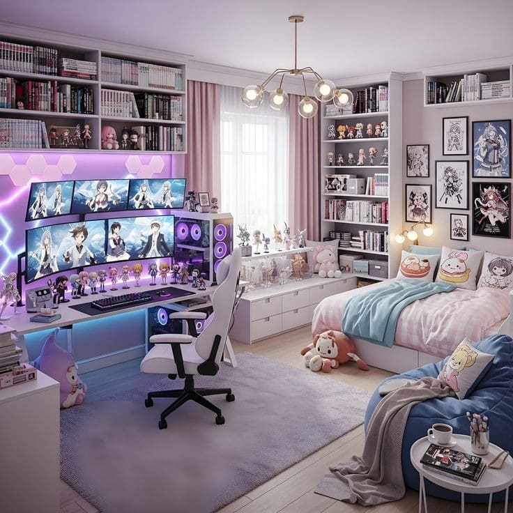 Phòng ngủ trang trí dễ thương với góc chơi game, máy tính, đèn LED, truyện tranh và nhiều figure anime.