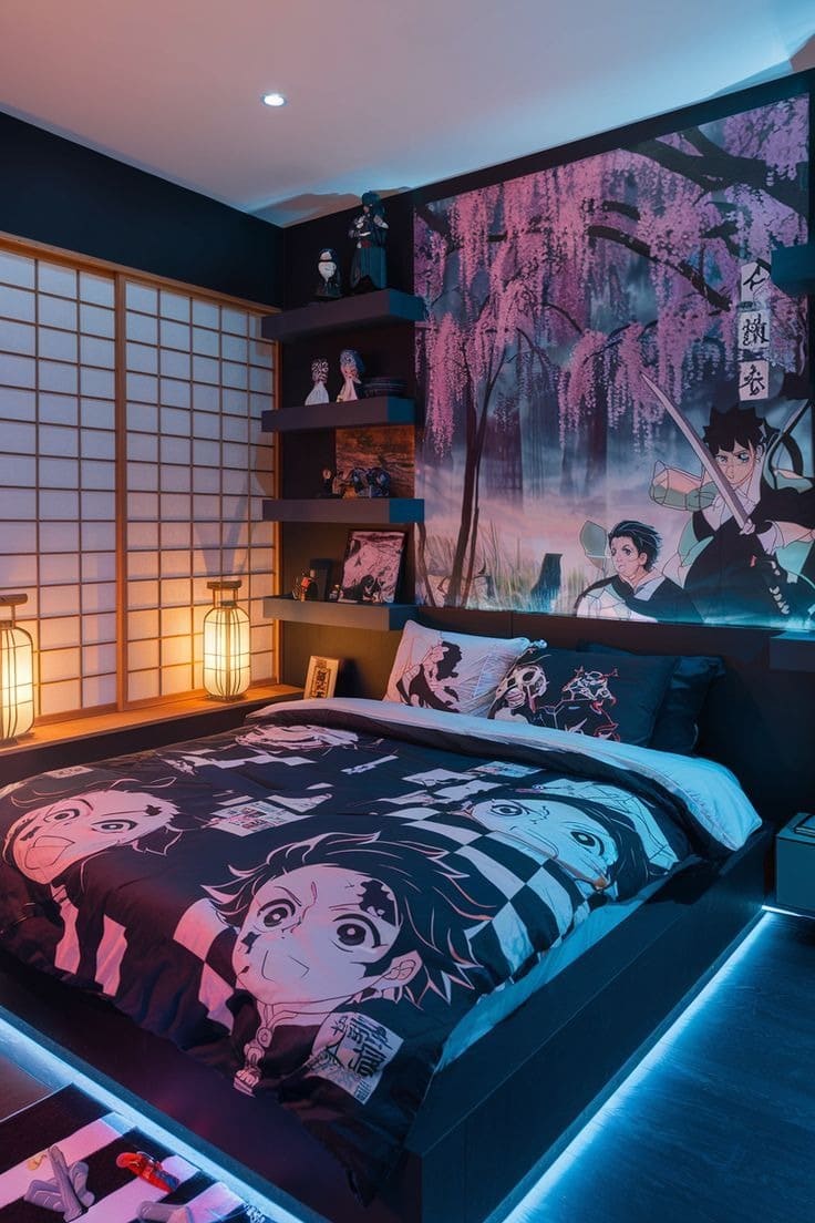 Phòng ngủ phong cách anime với chăn ga in hình, ánh đèn dịu nhẹ, tạo không gian thư giãn và cá tính.